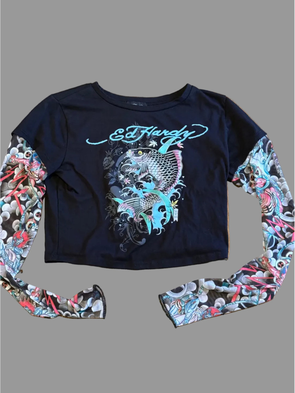 Ed Hardy Y2K Tattoo Graphic Layered Long Sleeve Crop Top – Fish Mesh Sleeve Tee